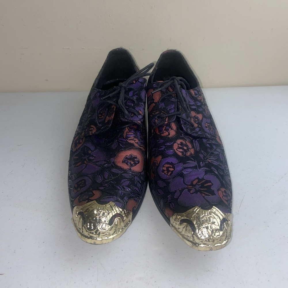 CH KWOK Mens Pointed Toe Floral Gold Cap Shoes Leather Nightclub Party Sz46 12 - Picture 2 of 12